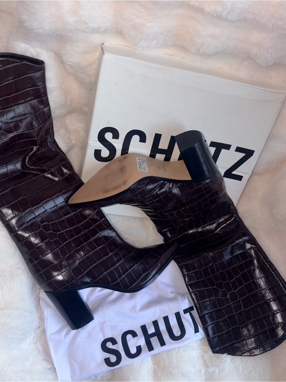 SCHUTZ Dark Brown Croc-Embossed Mid Block Heel Boots